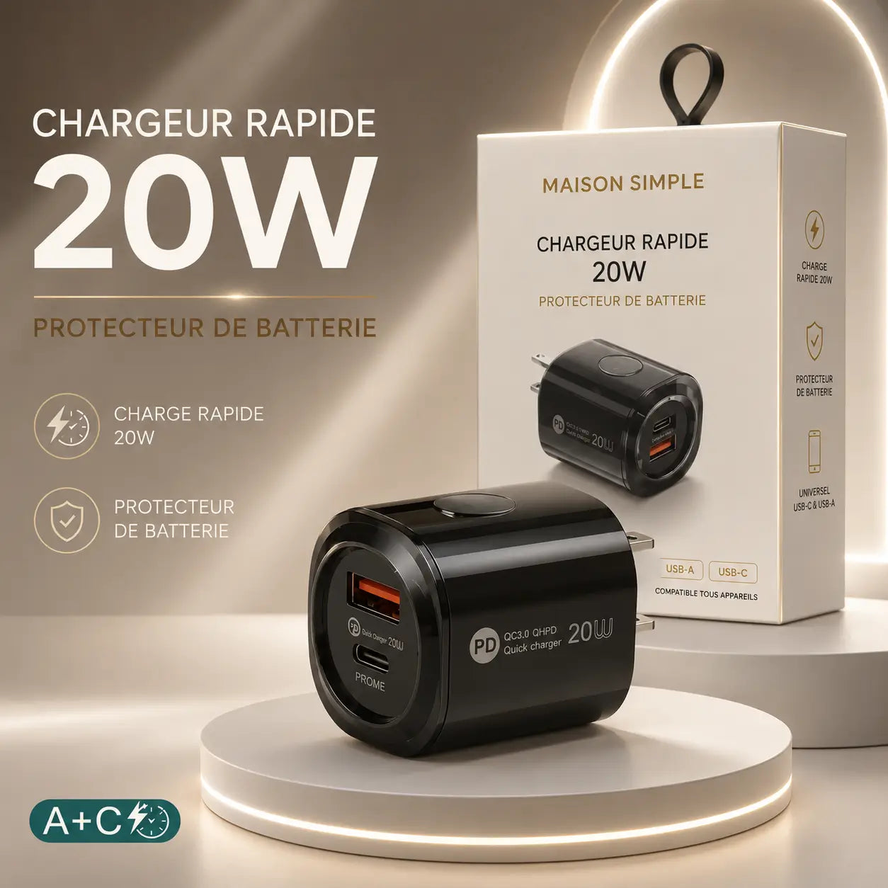 Chargeur Rapide 20W - Protection Batterie Intégrée