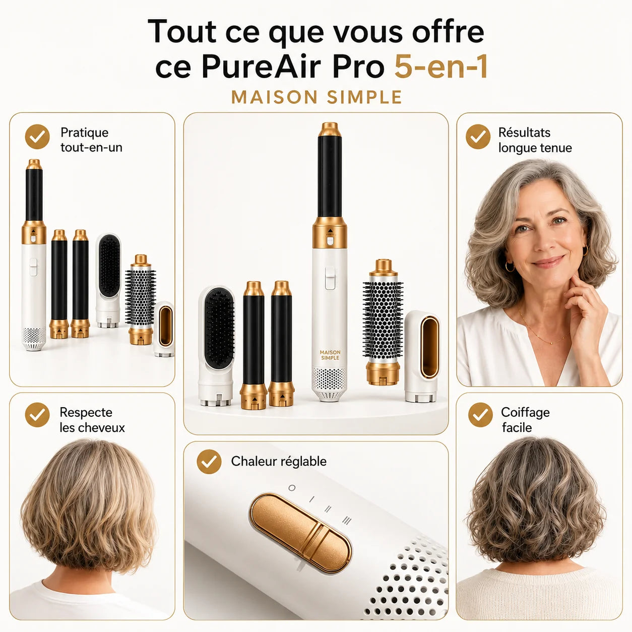 PureAir PRO 5-en-1 | Sèche, lisse, boucle et donne du volume
